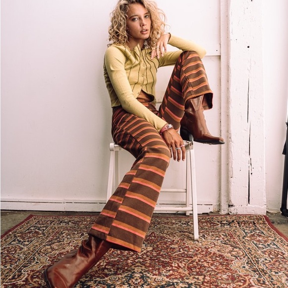 URBAN OUTFITTERS Brown/Multi Striped Naomi Knit Flare Pants L - Picture 2 of 15